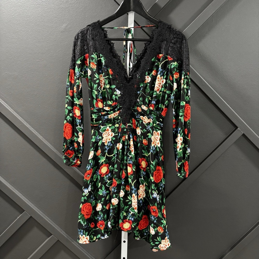 By Anthropologie Lace Trim Black Floral V Neck Long Sleeve Mini Dress Size 0P